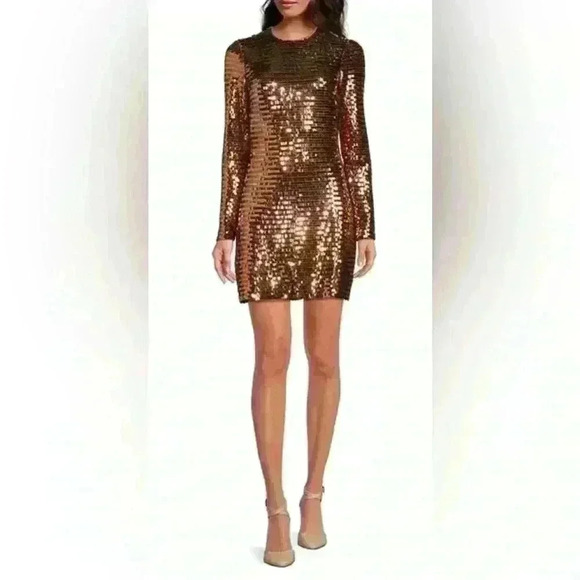 Gianna Bini Celeste Copper Sequin Crew Neck Long Sleeve Dress, Worn Once, Size 0 - Picture 2 of 4